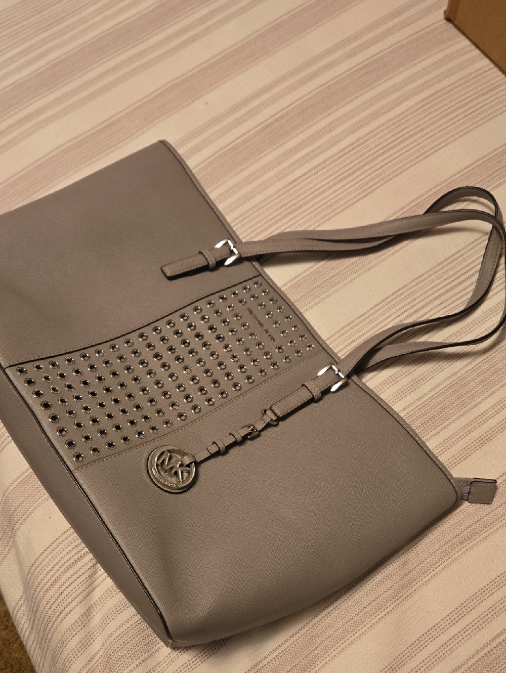 Michael Kors Light Gray Studded Tote with Logo Charm